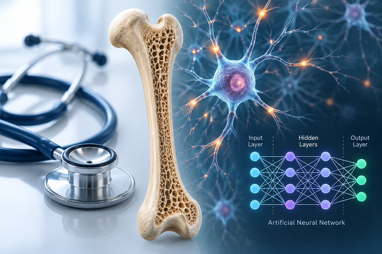 A stethoscope beside a bone cross-section and a glowing neural network diagram, representing AI in orthopaedic healthcare