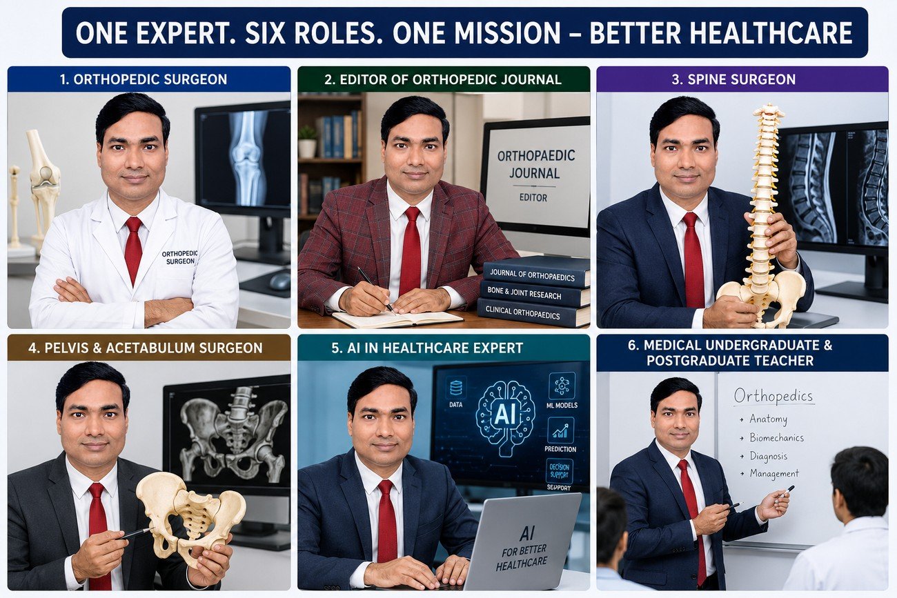 One Expert. Six Roles. One Mission - Better Healthcare. Six portraits: 1. Orthopedic Surgeon. 2. Editor of Orthopedic Journal. 3. Spine Surgeon. 4. Pelvis & Acetabulum Surgeon. 5. AI in Healthcare Expert. 6. Medical Undergraduate & Postgraduate Teacher (Orthopedics: Anatomy, Biomechanics, Diagnosis, Management).