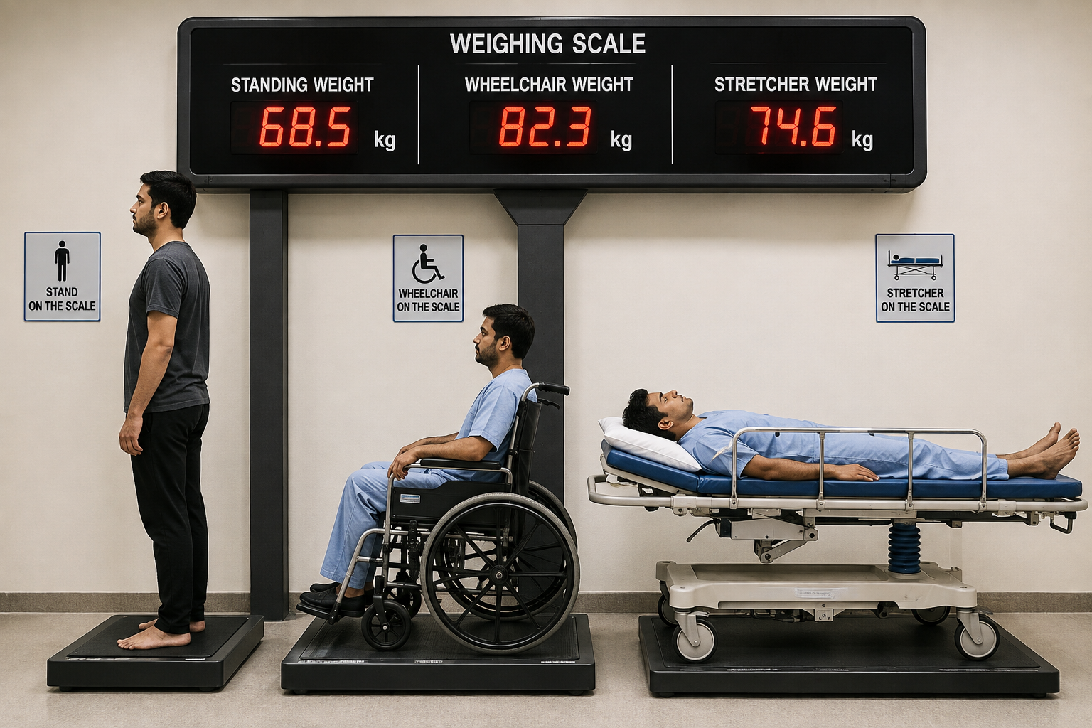 Photograph of a multi-mode weighing scale mounted on a wall with a digital display reading Weighing Scale, showing three separate live readings side by side: Standing Weight 68.5 kg, Wheelchair Weight 82.3 kg, and Stretcher Weight 74.6 kg. Below the display are three separate weighing platforms with instructional signage: on the left, a man stands directly on a floor scale under a sign reading Stand on the Scale; in the middle, a man sits in a wheelchair positioned on a wheelchair-accessible scale platform under a sign reading Wheelchair on the Scale, so the wheelchair itself is weighed with the patient in it; on the right, a man lies on a wheeled stretcher positioned on a stretcher scale platform under a sign reading Stretcher on the Scale, so the stretcher itself is weighed with the patient on it.