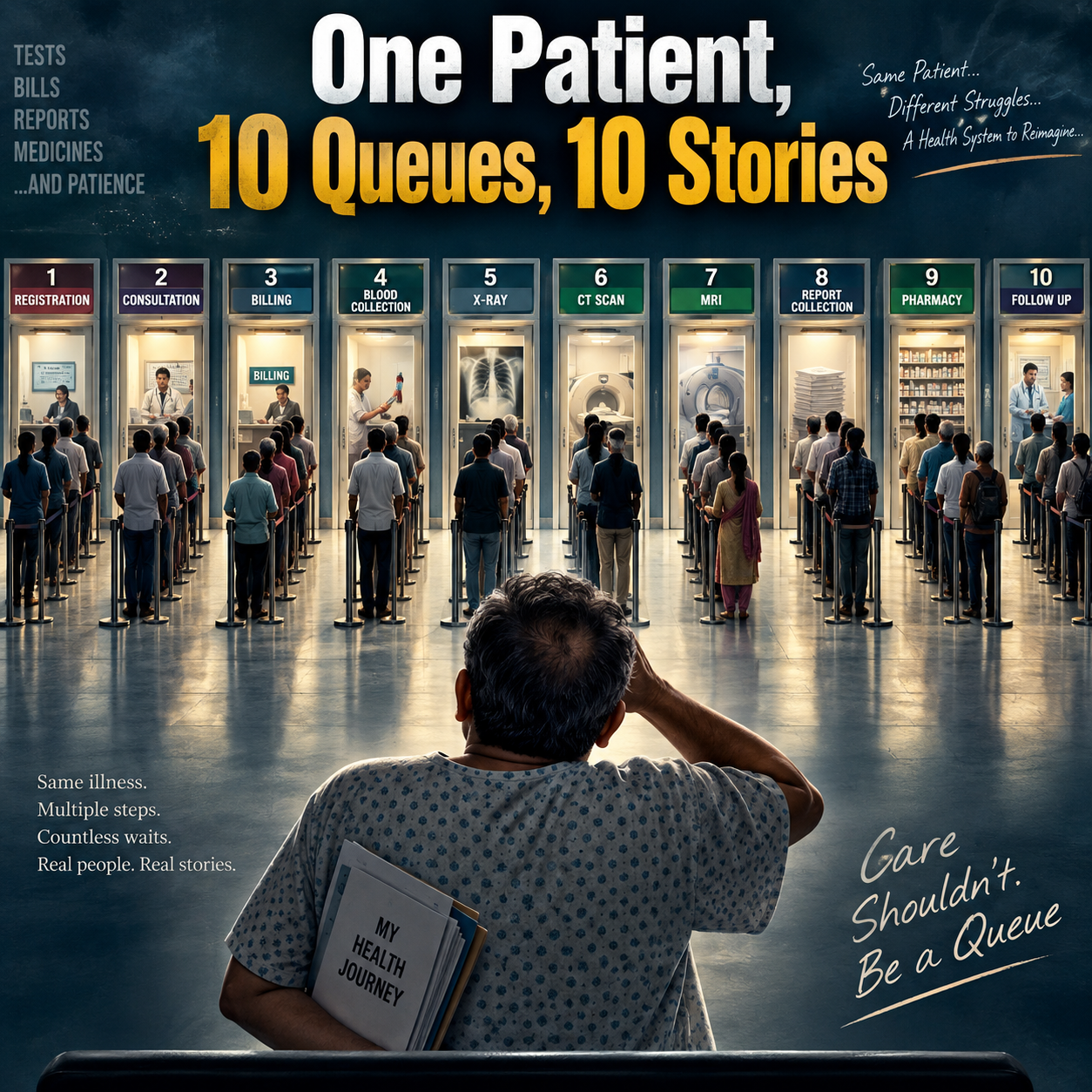 Poster: One Patient, 10 Queues, 10 Stories — an illustration of a patient in a hospital gown facing ten service counters (Registration, Consultation, Billing, Blood Collection, X-Ray, CT Scan, MRI, Report Collection, Pharmacy, Follow Up), each with its own queue.