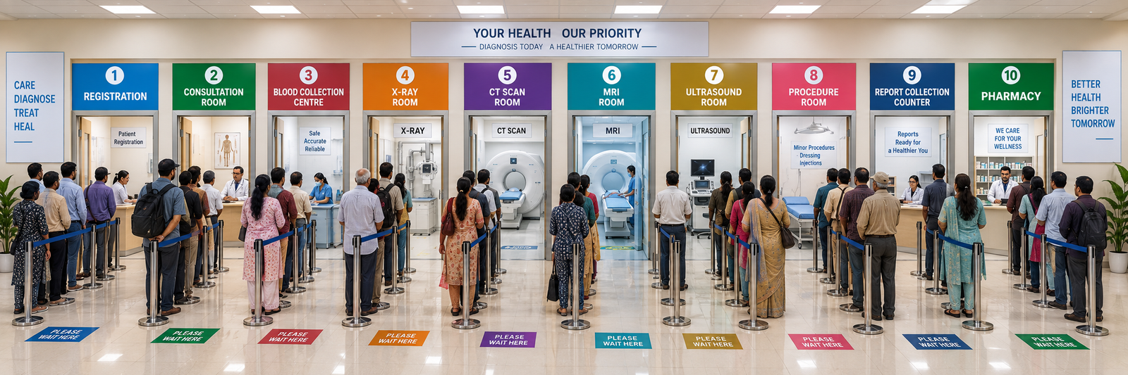 A hospital corridor with ten numbered counters in a row — Registration, Consultation Room, Blood Collection Centre, X-Ray Room, CT Scan Room, MRI Room, Ultrasound Room, Procedure Room, Report Collection Counter, and Pharmacy — each with its own queue and a 'Please Wait Here' floor marker.
