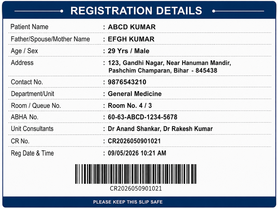 Sample registration slip showing patient name, age, sex, address, department, unit consultants, CR number, and a barcode